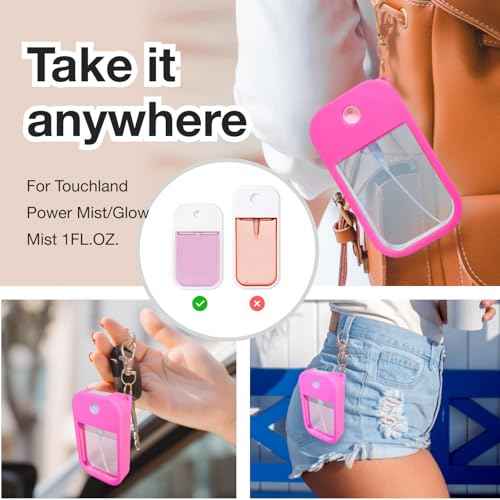 4 PCS Soft Silicone Case for Touchland Power Mist (1FL. OZ./30 mL), Protective and Stylish Case with Keychain Compatible with Touchland Hand Sanitizer Spray (Pink/Hot Pink/Blue/Black)