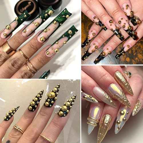 3D Mixed Sizes Flat Back Steel Beads Nail Charms, Gold Half Round Metal Caviar Beads Ball Nail Art Studs Rivets Jewelry for Home DIY and Professional Nail Art Salon Crafts Decorations