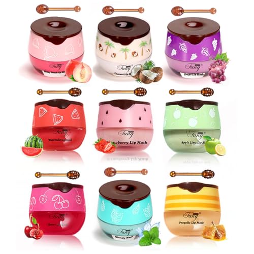 Lip Balm Sleeping Lip Mask, Long-Lasting Nourishing & Moisturizing Lip Night Care Lip Anti-chapped Lip Cream Lip Skin Care (9 Packs Fruit)