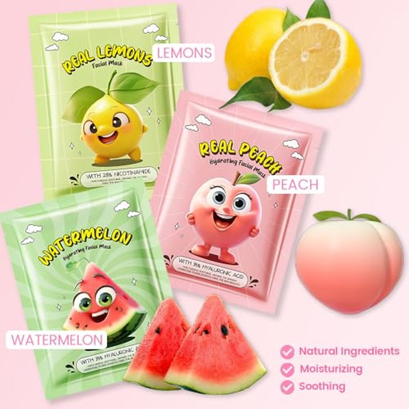 Kaely 6 Pack Fruit Face Masks for Kids, Kids Face Mask Spa Day Kit Supplies, Spa Party Favors for Teens Girls Women, Sheet Facial Mask Skincare Gifts Set, Moisturize Soothe for All Skin Types, 03