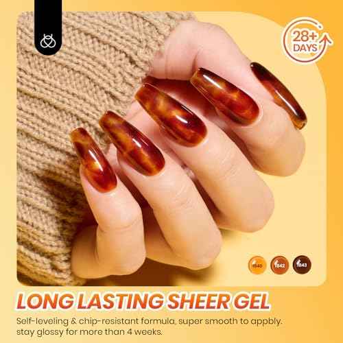 Beetles Fall Gel Nail Polish Set ? Amber Chic Jelly Gel Polish with Blooming Gel for Marble Effects, 6 Colors Yellow Red Brown Gray Translucent Soak Off UV LED Autumn Nail Art
