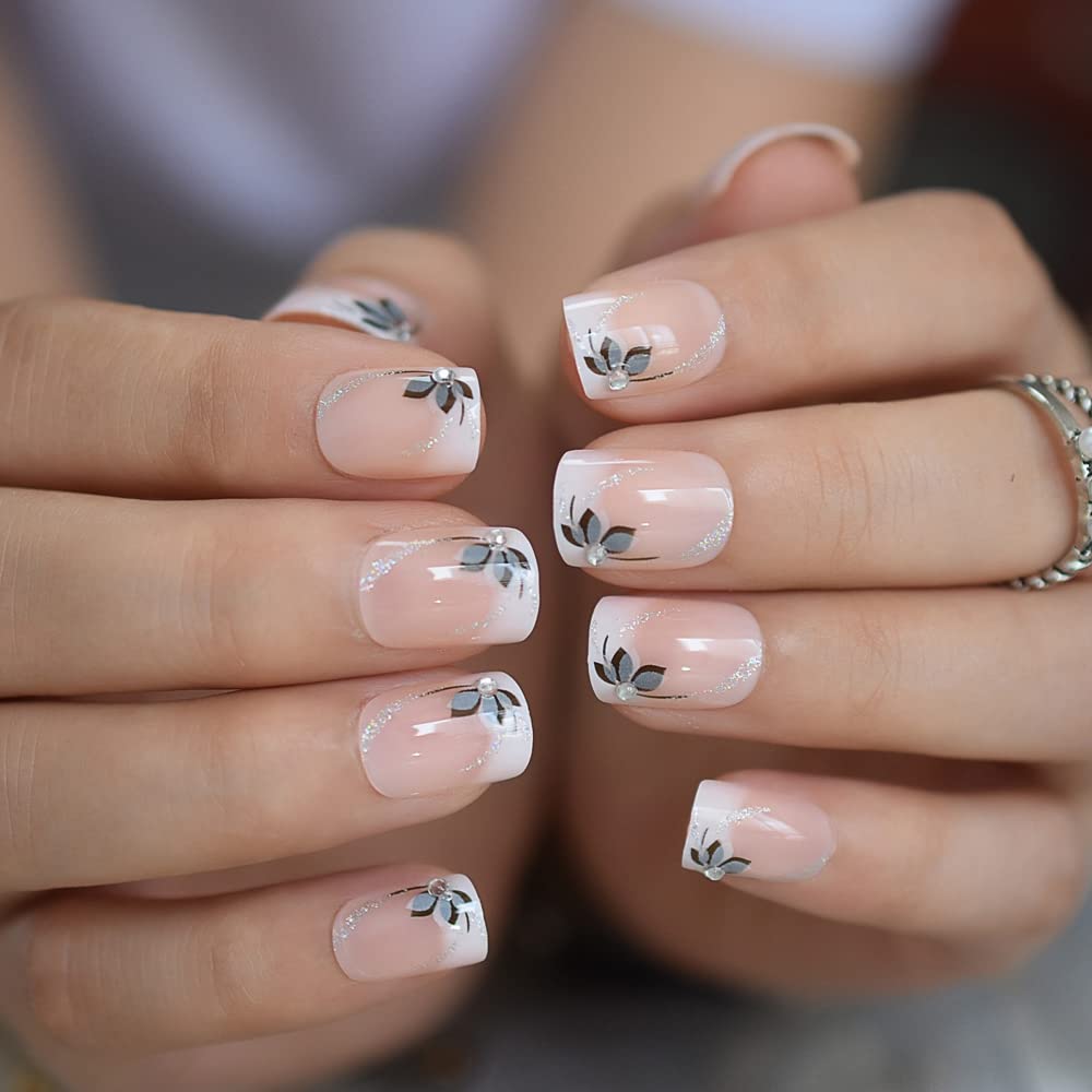 Press On Nail Tips Fake Nails Art Short Round Full Cover Fingernails Reusable Manicure Salons At Home Cute Lovely Charms Nail Uv Gel Nail Tips With Diamond Flower Pattern Glitter Attractive Nails