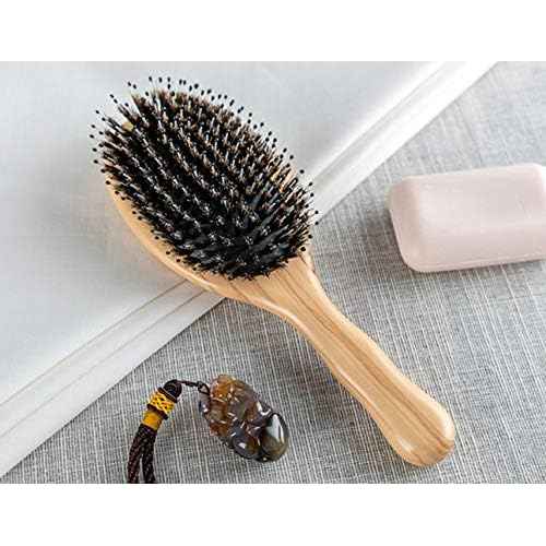 Wild Boar Bristle Hairbrush with Waxed Olive Wood Handle for Styling, Smoothing, Detangling Thick, Thin, Straight, Curly, Wavy, Dry, Damaged Hair to Women, Men, Ladies, Giftbox Included