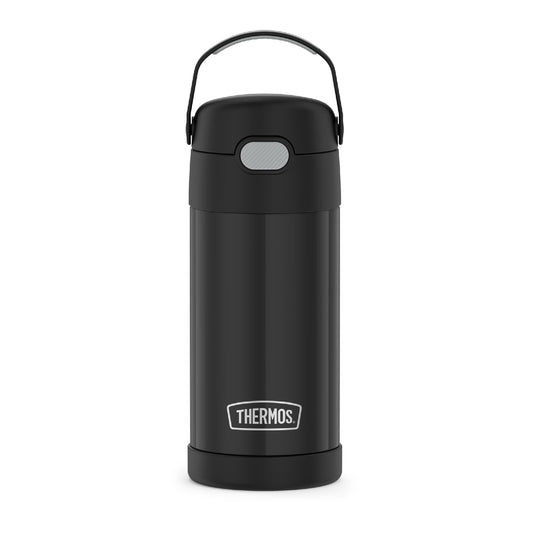 THERMOS FUNTAINER Water Bottle with Straw - 12 Ounce, Black - Kids Stainless Steel Vacuum Insulated Water Bottle with Lid