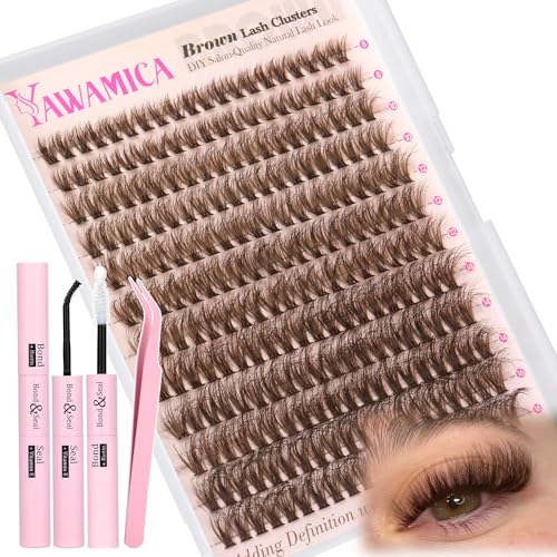Yawamica 50D Brown Lash Clusters Kit: Fluffy DIY Eyelash Extensions (10-16mm) with Bond & Tweezers