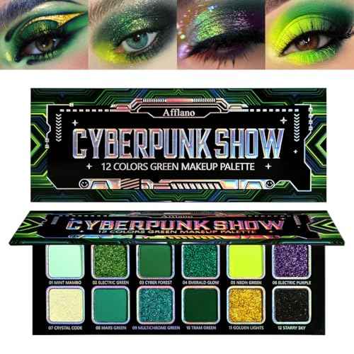Afflano Multichrome Green Eyeshadow Palette, Color-Shifting Green Glitter Eyeshadow Pallet, Matte Chrome Eye Shadow Dark Forest green Makeup for Women Smokey Blue Brown Eyes Cosplay Party Daily Use