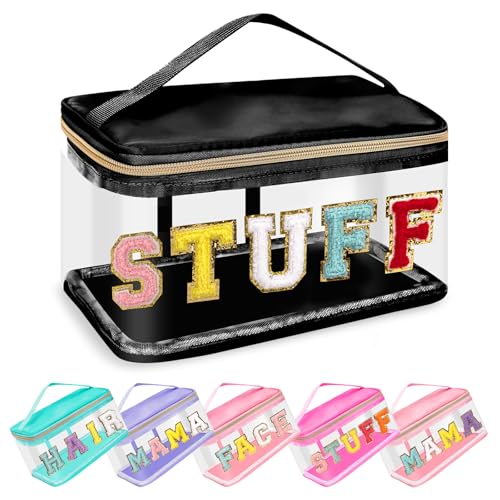 Chenille Letter Patches Clear Makeup Bags Stuff Purse Pouch, Preppy Nylon Cosmetic Toiletry Storage Bag with Handle Zipper, Waterproof PVC Portable Makeup Travel Pouch for Women Girls(Black/STUFF)