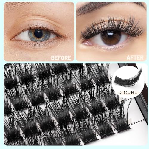 Hannahool10Rows Mixed 10-12-14-16mm /8-10-12-14mm Individual False Eyelashes D Curl Wide Stem Makeup Cluster Eyelashes Natural Volume Eye Lashes Extensions (HD-lashes kit-10-12-14-16MM Mixed)