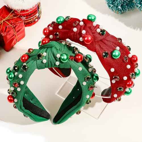 Christmas Headband for Women,Pearl Rhinestone Crystal Jeweled Hairband, Christmas,New Year's Day,Valentine Day,Mother's Day Knot Hair Hoops,Festive Pearl Hair Accessory(Red+Green)