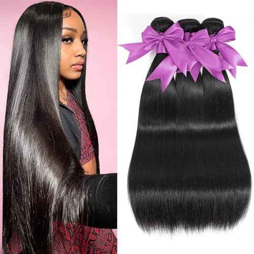 12A Human Hair Bundles 24 26 28 Inch Straight Bundles Human Hair 100% Unprocessed Brazilian Virgin Weave 3 Bundles Deals Thick & Tangle Free¡¦