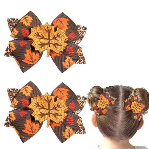 2Pcs Fall Thanksgiving Hair Bow Clips Glitter Maple leaf Hair Bows Alligator Barrettes Autumn Grosgrain Ribbon Hair Accessories Cute Hairpin for Thin Thick Hair Thanksgiving Hair Decoration for Girls