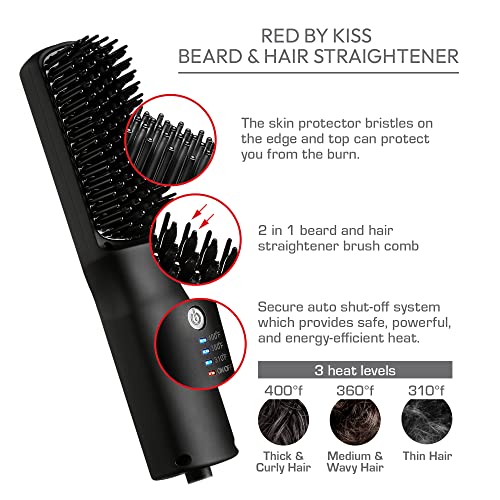 Red by Kiss 2-in-1 Ionic Hair Straightener Brush with Ceramic Coating, Adjustable Temp, Auto Shut Off, Skin Protector Bristles & 360¡Æ Swivel Cord, Smooth & Style in Few Strokes