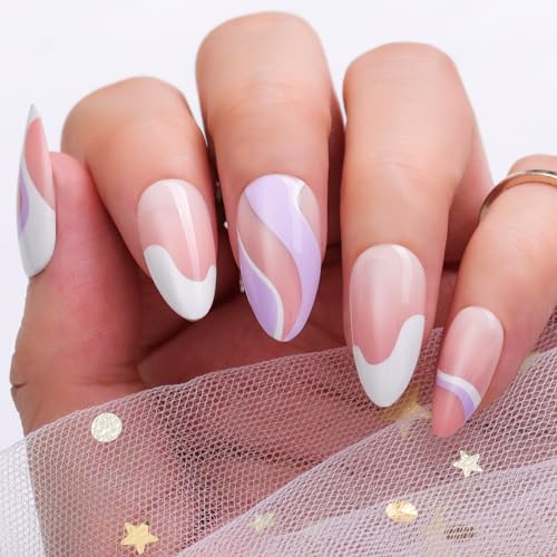 Makartt Press On Nails Kit, Glue on Nails Acrylic Nail Tips Fake Nails 12 Sizes 24 Pcs Almond False Nails with Nail Glue Stick Adhesive Tabs Mini File Manicure for Nail Art Salon(White & Purple Swirl)