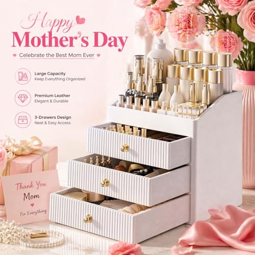 Beige Leather Vanity Organizer with 3-Tier Drawers