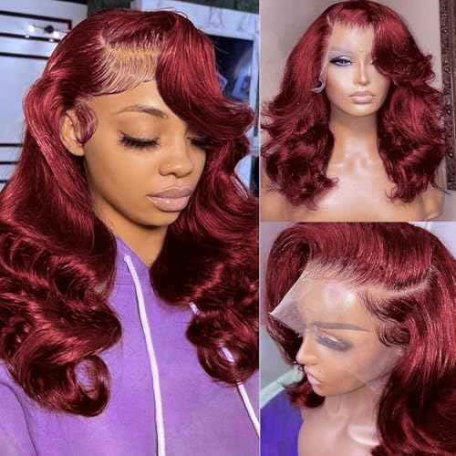 Reddish Brown Bob Wig Human Hair Body Wave 13x4 HD Lace Front Wigs Human Hair 12Inch 33# Body Wave Lace Frontal Wig Pre Plucked 180% Density Wine Red Bob Wigs for Women