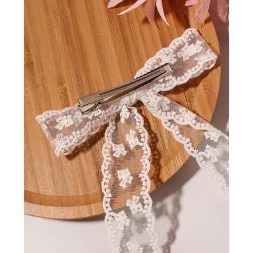 4Pcs Large lace Hair Clips for Women Girls,Lace Tassel Bows Metal Clips with Long Tail Ribbons,Cute Hair Bows Barrette for Hair Accessories(Black,White)