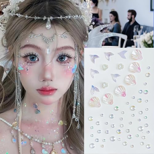 Glitter Rhinestone Tattoo Stickers for Makeup, Shell Fish Tail Flowers Face Eye Gems, Self Adhesive Face Jewelry with Ocean Color, Cute Mermaid Face Stickers, Birthday Rave Concert Party Supplies