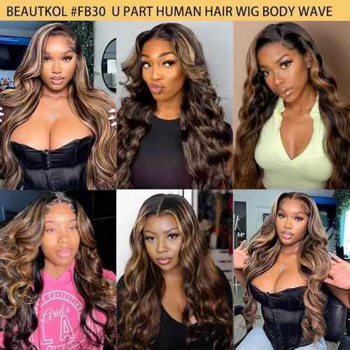 U Part Human Hair Wig Body Wave Highlight #1b/30 Ombre Brown Wig 180% Density U Part Wig Half Brazilian Virgin 100% Human Hair Wigs For Black Women Clip In Glueless No Leave Out Wig 18Inch