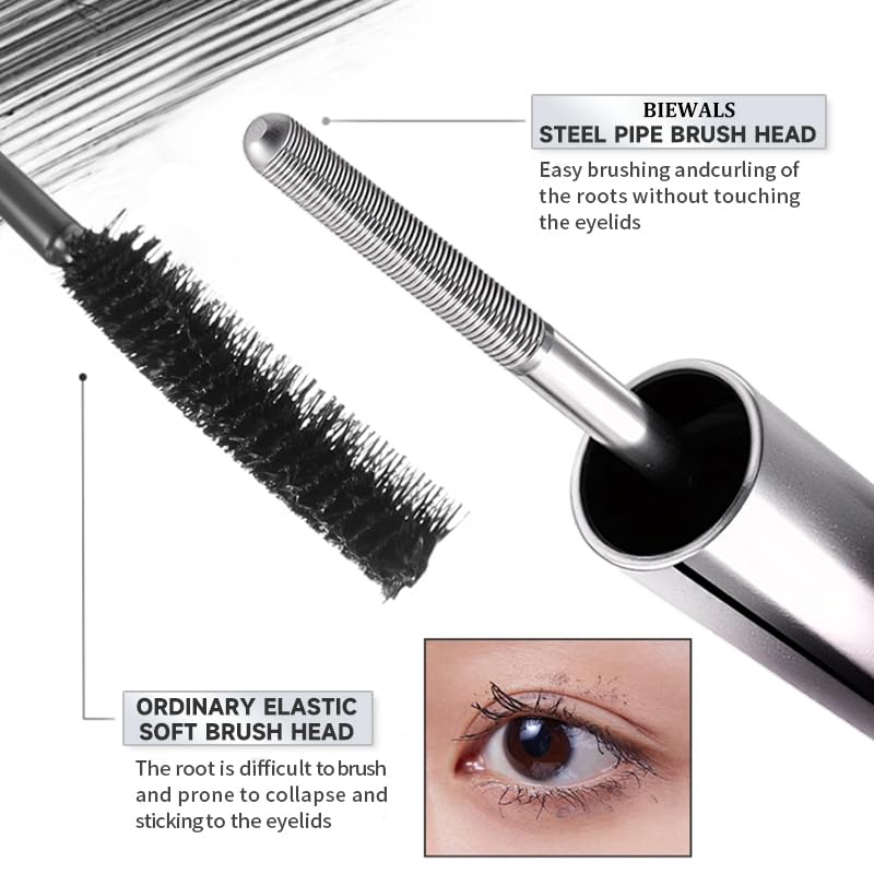 Biewals Iron Wand Waterproof Mascara Set - Volumizing, Lengthening & Curling, Reusable Metal Brush, Smudge-Proof, 2-Pack