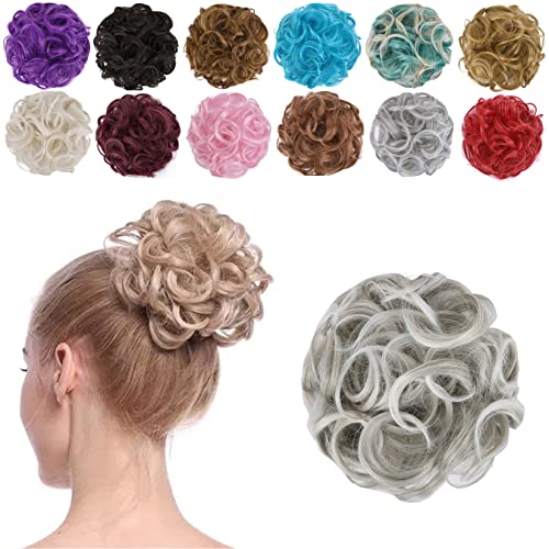 Elaine Hair Buns Hair Piece Messy Tousled Wavy Curly Scrunchies Wrap Ponytail Extensions with Elastic Rubber Band Synthetic Donut Updo Hairpieces for Women Girls (Salt & Pepper)