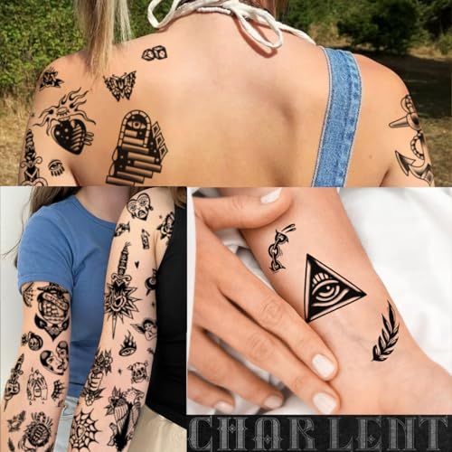 CHARLENT Black Vintage Temporary Tattoos - 9 Sheets Old School Designs