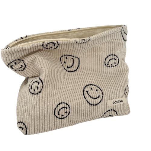 Corduroy Cosmetic Bag with Smile Dots Design - Makeup Organizer