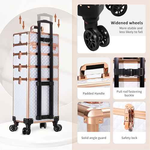 AROUS Rolling Makeup Train Case 4 in 1 Cosmetology Case on Wheels Large Storage Cosmetic Trolley with Key Salon Barber Case Traveling Cart Trunk,White
