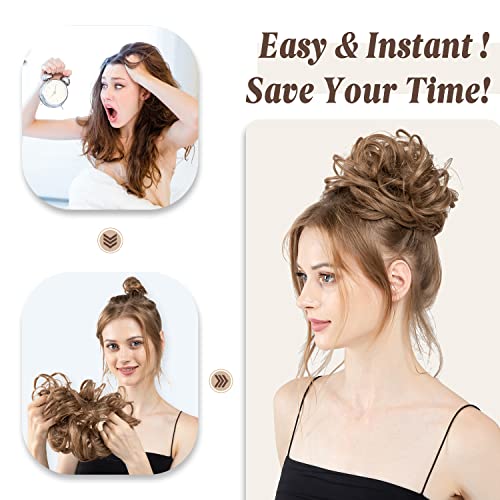 CJL HAIR Large Messy Bun Hair Piece Wavy Curly Scrunchies Synthetic Chignon Ponytail Hair Extensions Thick Updo Hairpieces for Women (Wavy, Curly, Dark Brown)