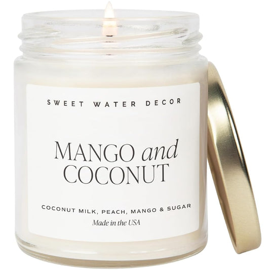 Sweet Water Decor Mango & Coconut Soy Candle - Pineapple, Mango and Orange Scented Summer Candles for Home - 9oz Clear Jar + Gold Lid, 40+ Hour Burn Time, Made in the USA