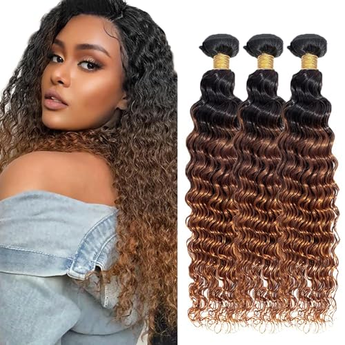 T1B430 Ombre Brown Bundles Human Hair 16 18 20 Inch Deep Wave Human Hair Bundles Ombre Bundle T1B/4/30 Brown Bundle Unprocessed Brazilian Virgin Hair for Black Women