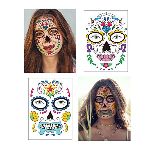 Day of the Dead Temporary Tattoos - 10 Pack Sugar Skull Face Stickers