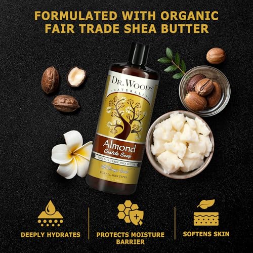 Dr. Woods Almond Liquid Castile Soap - Castile Soap with Pure Almond Oil, Body Wash for Men and Women, Organic Shea Butter, Natural Cleaner for Face, Hands, and Body - 32 Fl Oz, Pack of 3