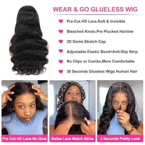 28" Glueless Human Hair Wig 5x5 HD Lace Body Wave Pre Plucked