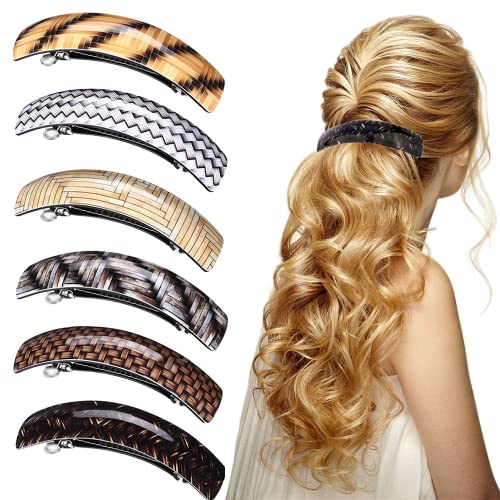 6 Pieces Large Hair Barrettes for Women, Vintage Striped Acrylic Large French Automatic Hair Clips for Women Girls and Hair Clasps for thick Hair, 6 Colors Hair Clips