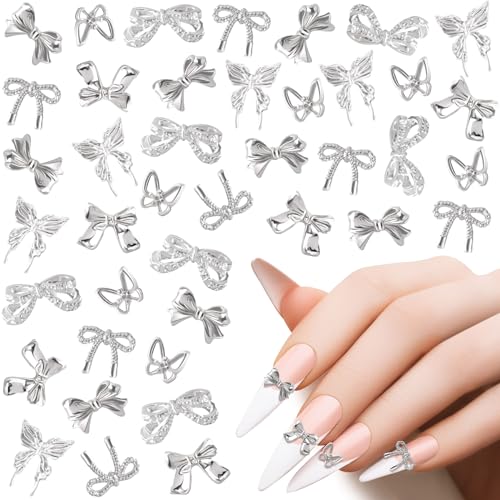 HINZIC 60PCS Bow Nail Charm 3D Silver Nail Bows 6 Styles Mini Alloy Bowknot Diamonds Butterfly Gems Wedding Prom Crystal Rhinestones Decoration for Women Girls Crafts DIY