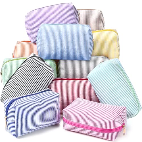 Sanwuta 12 Pcs Seersucker Cosmetic Bags, Striped Makeup Pouches Bulk
