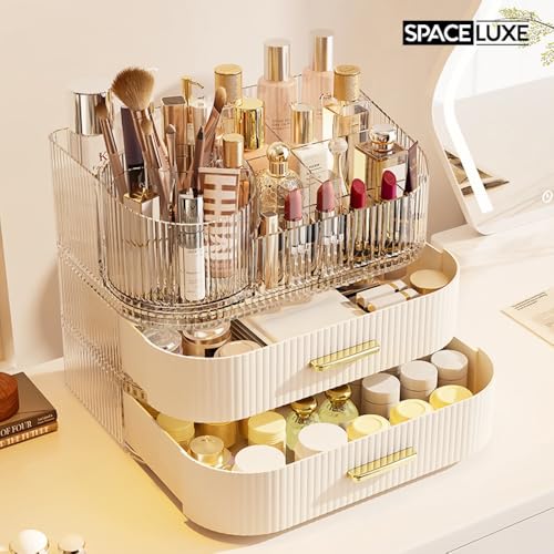 SpaceLuxe 360° Rotating Makeup Organizer with Drawers - Cream White