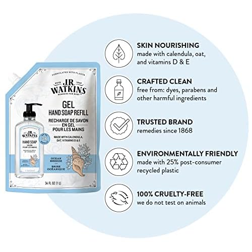 J.R. Watkins Gel Hand Soap Refill Pouch, Scented Liquid Hand Wash for Bathroom or Kitchen, USA Made and Cruelty Free, 34 fl oz, Ocean Breeze, 2 Pack