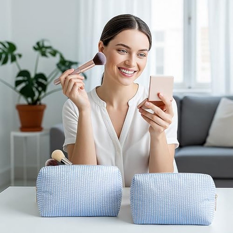 Sanwuta 6-Pack Seersucker Cosmetic Bags - Striped Makeup Pouches