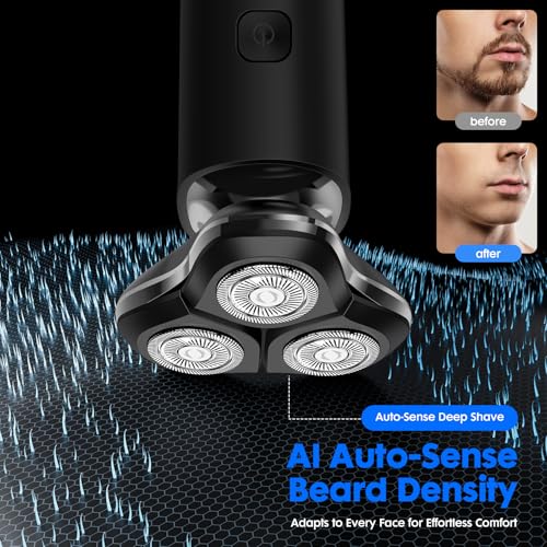 Black Electric Razor for Men with 3-Blade Rotary System, Touch Switch, LED Display, Travel Lock