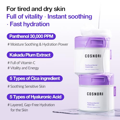 COSNORI Panthenol Barrier Toner Pad (60 Pads) - High-Concentration D-Panthenol - Vegan Certified - Soothing & Barrier-Boosting for Sensitive Skin - Vegan & Eco-Friendly (4.73 fl.oz.)
