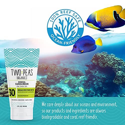 Two Peas Organics - All Natural Organic SPF 30 Sunscreen Lotion - Coral Reef Safe - Baby, Kid & Family Friendly - Chemical Free Mineral Based Formula - Waterproof & Unscented - 3oz (two Pack)