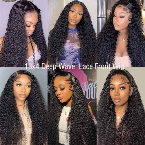 Deep Wave Lace Front Wigs Human Hair 13x4 HD Transparent Lace Frontal Glueless Wigs for Women, Natural Black, 16 inch