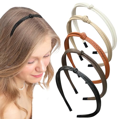 Bmobuo Headbands 5Pcs Thin Leather Hair Bands for Women Knotted Headband for Women's Hair Cute Fashion Accessories, Black Brown White Khaki Orange Dark Brown