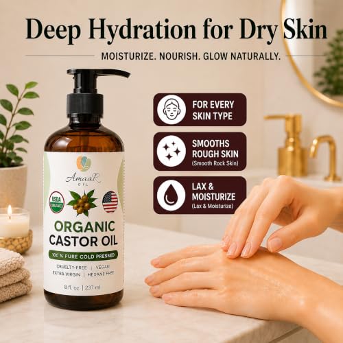 Organic Castor Oil 8 oz Cold Pressed Hexane Free for Hair Skin Lashes AMAAR