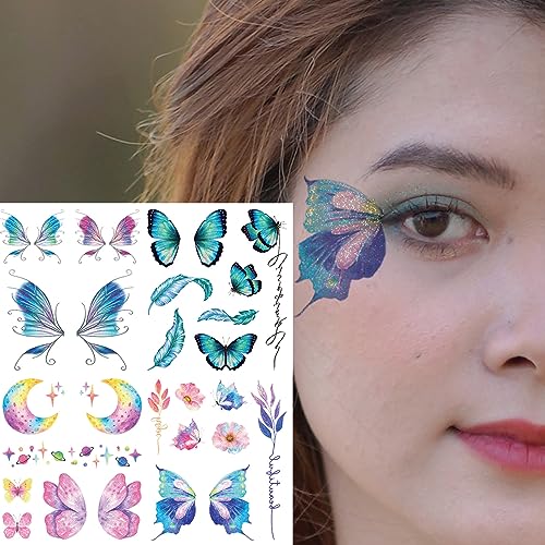 Glitter Temporary Tattoos for Women - 18 Sheets Butterfly Flower