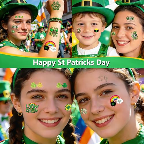 128Pcs St Patricks Day Tattoos Adult Shamrock Face Stickers for Women Irish Face Temporary Tattoo St Pattys Day Accessories for Irish Party Decor(st128)