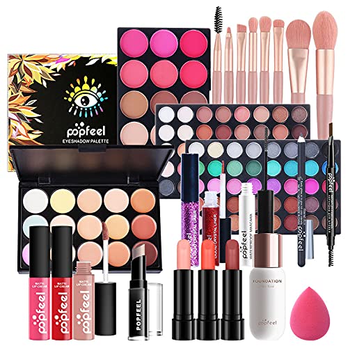 Joyeee Professional All in One Makeup Kits for Women, Cosmetic Essential Starter Bundle, Eye Shadow, Blush, Liquid Lipgloss, Foundation Brush, Makeup Set with Makeup Bag, Christmas Valentines Gift Box