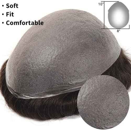 0.08mm PU Skin Human Hair System for Men, 8x10 Inch PU Base Knotless V-Looped Hairline 110% Medium Density Toupee #4 Medium Brown
