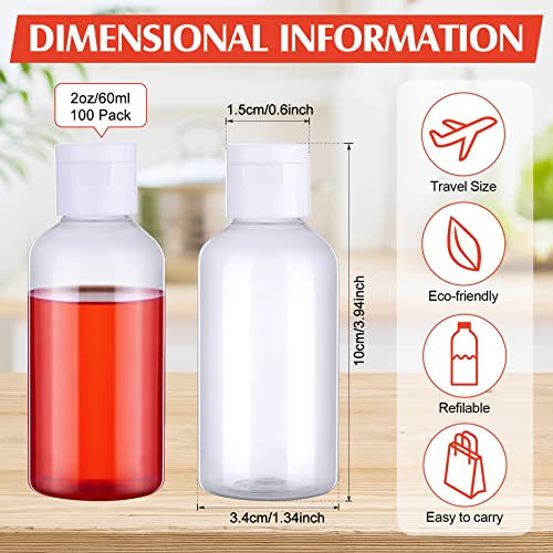 Eccliy 100 Pack 2 oz Plastic Bottles Travel Lotion Bottle Squeeze Container Plastic Bottles with Caps Small Travel Empty Refillable Toiletry Containers for Liquid Lotion Creams with 5 Funnels(Clear)